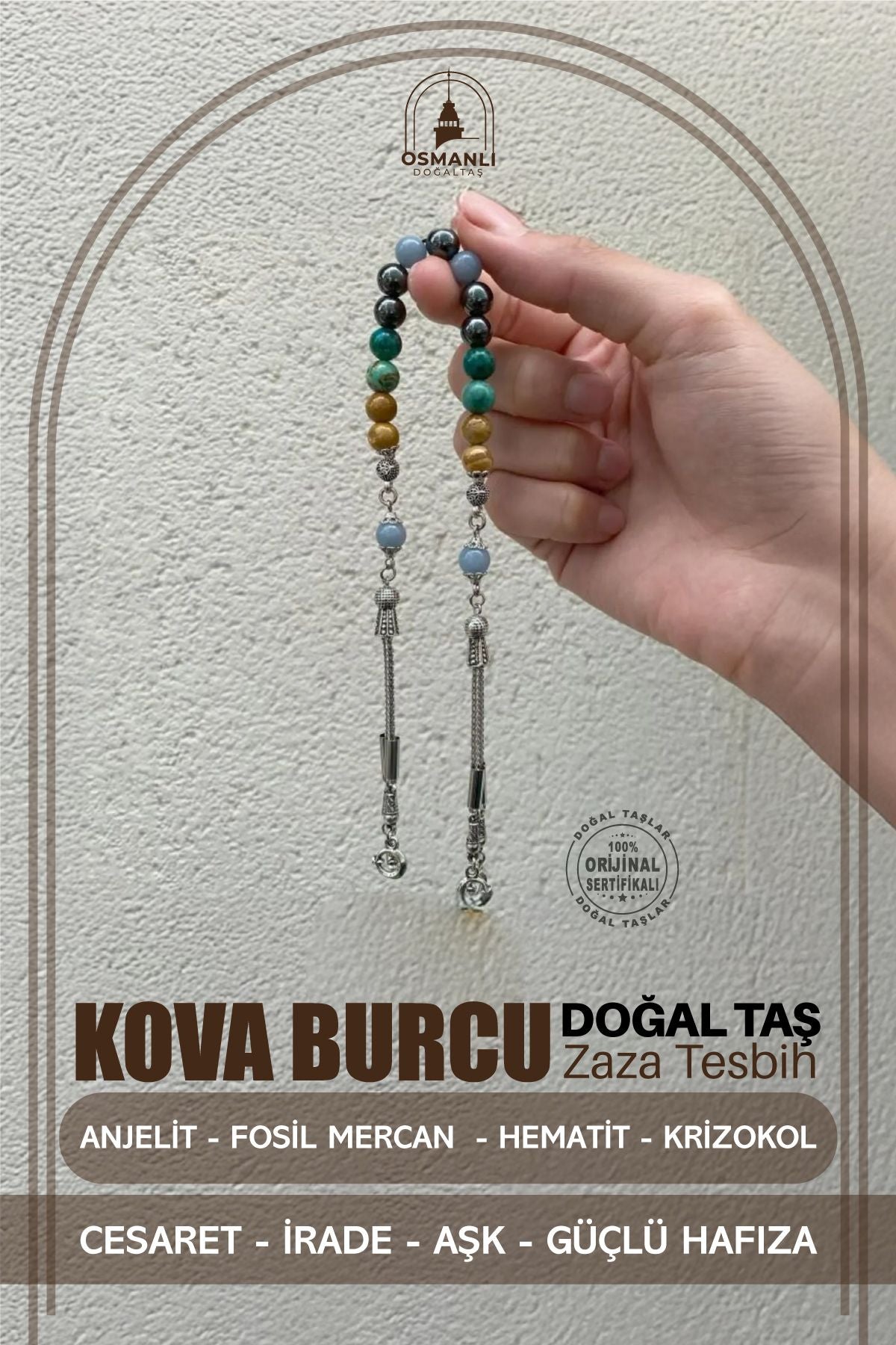 Kova Burcu Zaza Tesbih Doğal Taş Anjelit, Fosil Mercan, Hematit, Krizokol