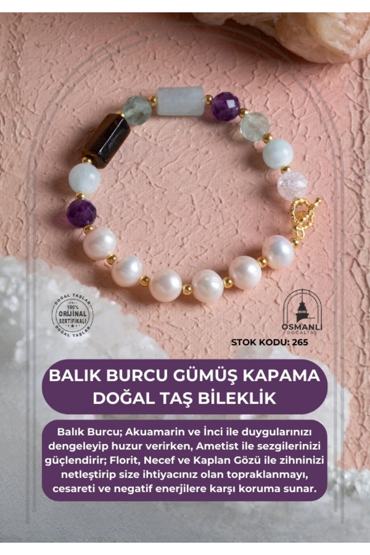 Sertifikalı Balık Burcu Gümüş Kapama Doğal Taş Bileklik (SK:265)
