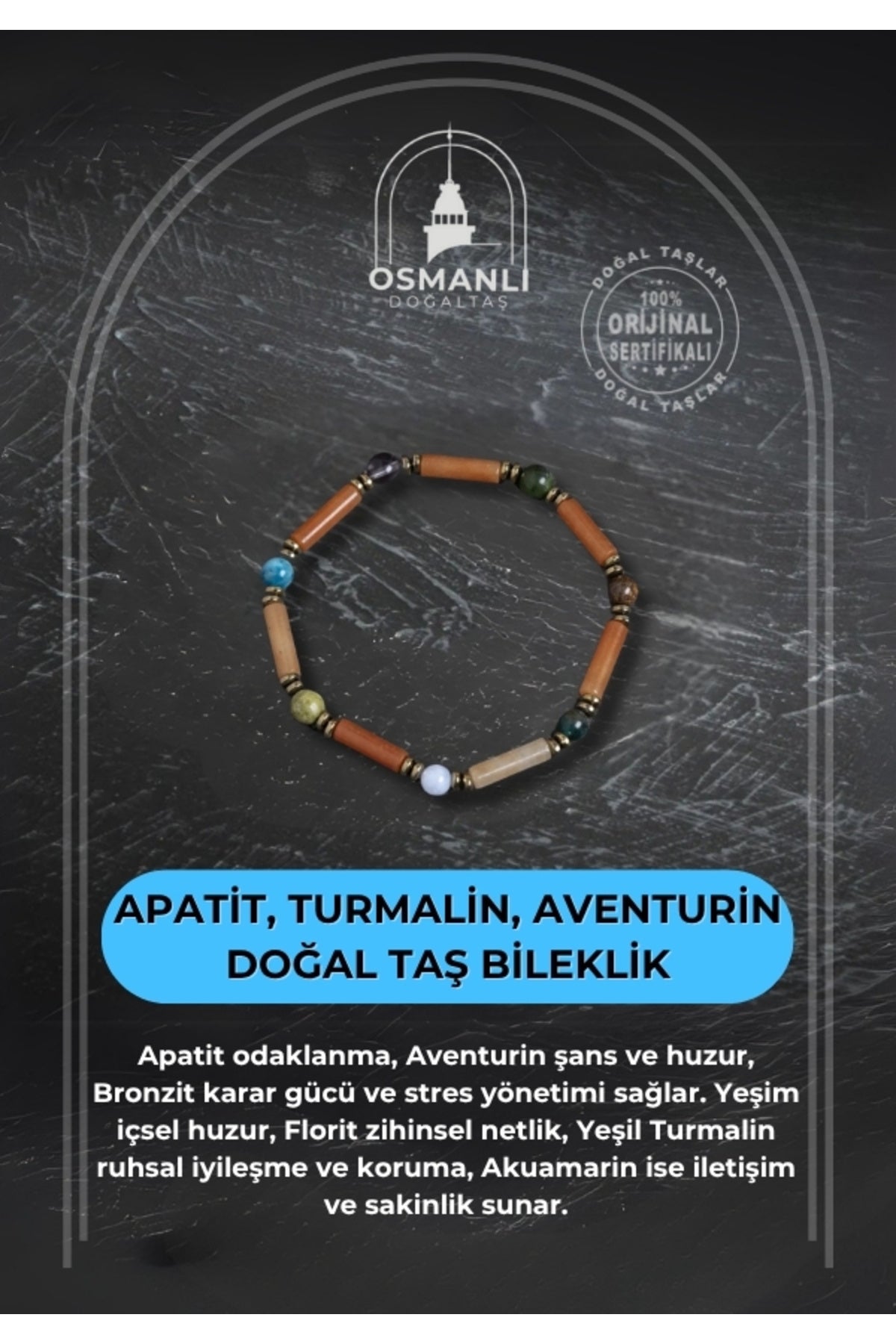 Sertifikalı Apatit, Turmalin ve Aventurin Doğal Taş Bileklik