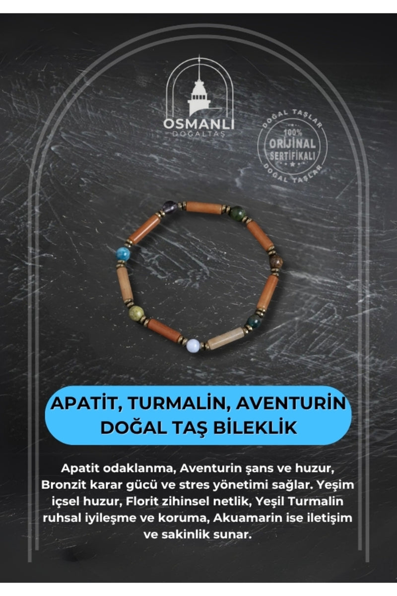Sertifikalı Apatit, Turmalin ve Aventurin Doğal Taş Bileklik
