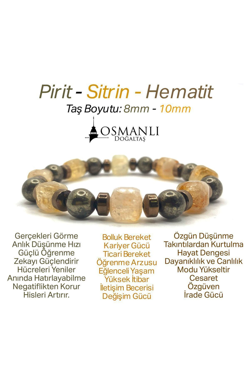 Sertifikalı Hakiki Orijinal 8mm Pirit - Sitrin - Hematit Doğal Taş Misinalı Bileklik
