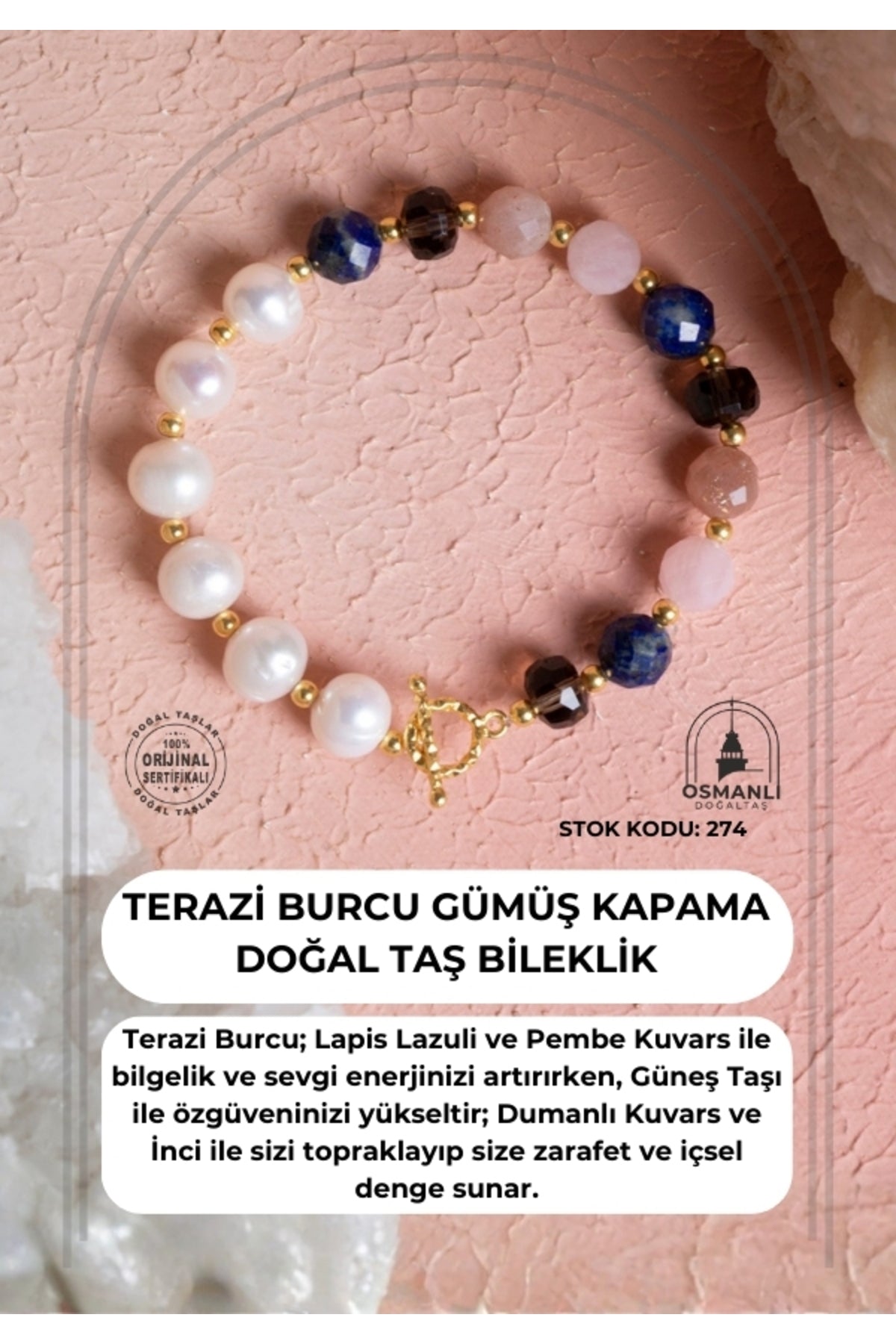 Sertifikalı Terazi Burcu Gümüş Kapama Doğal Taş Bileklik (SK:274)