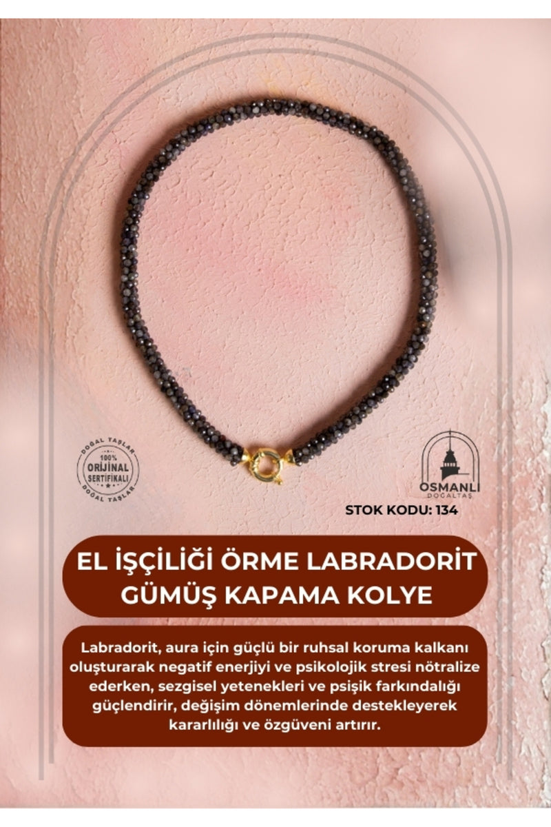 Sertifikalı El İşçiliği Örme Labradorit Gümüş Kapama Kolye (SK:134)