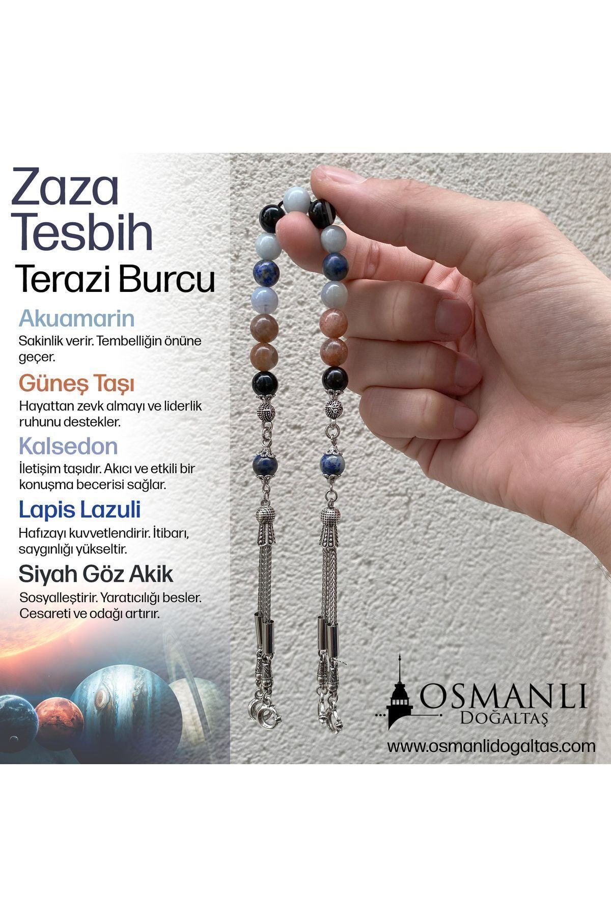 Terazi Burcu Zaza Tesbih Doğal Taş Akuamarin, Güneş Taşı, Kalsedon, Lapis Lazuli, Siyah Göz Akik