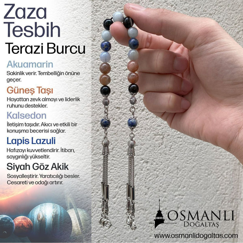 Terazi Burcu Zaza Tesbih Doğal Taş Akuamarin, Güneş Taşı, Kalsedon, Lapis Lazuli, Siyah Göz Akik