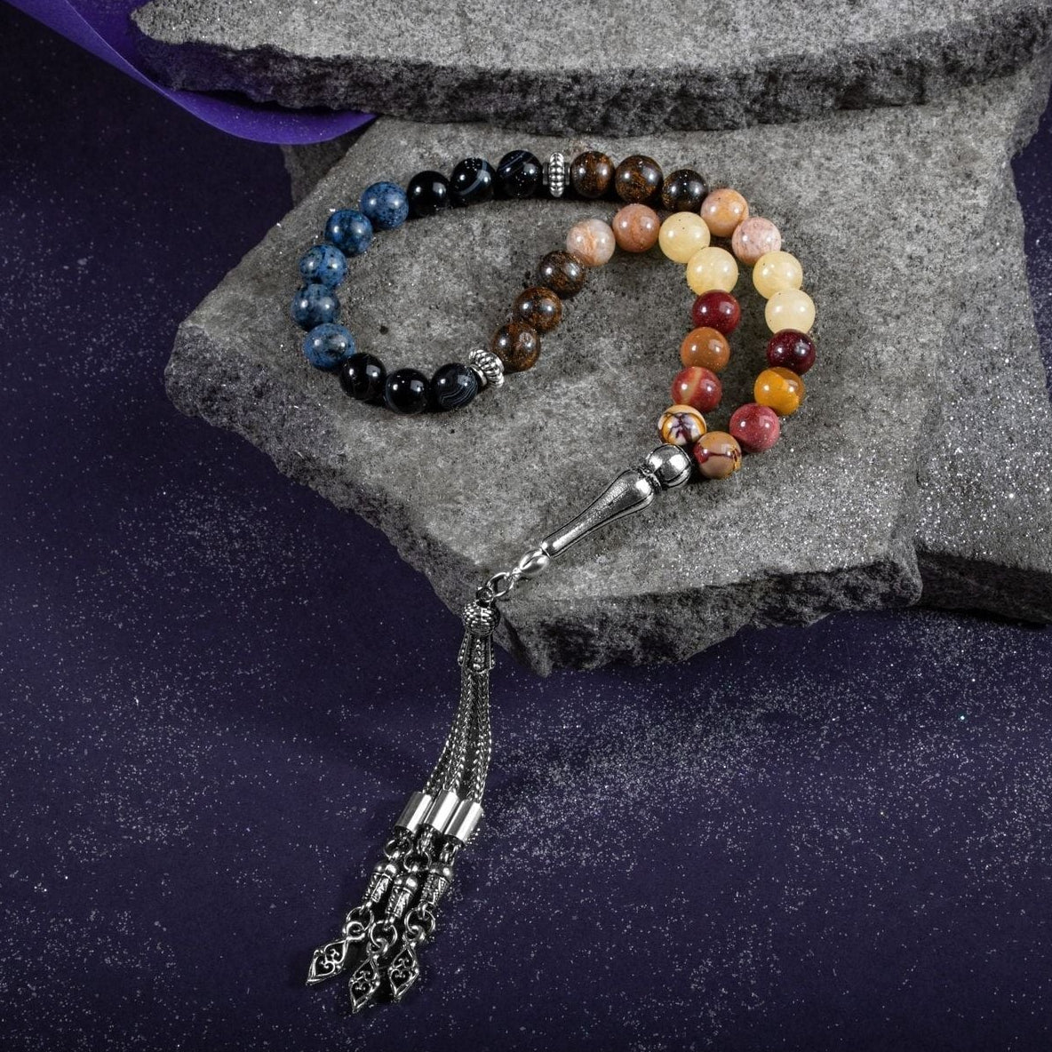 Aslan Burcu Tesbih Bronzit, Dumortierit, Güneş Taşı, Jasper, Kalsit, Siyah Göz Akik