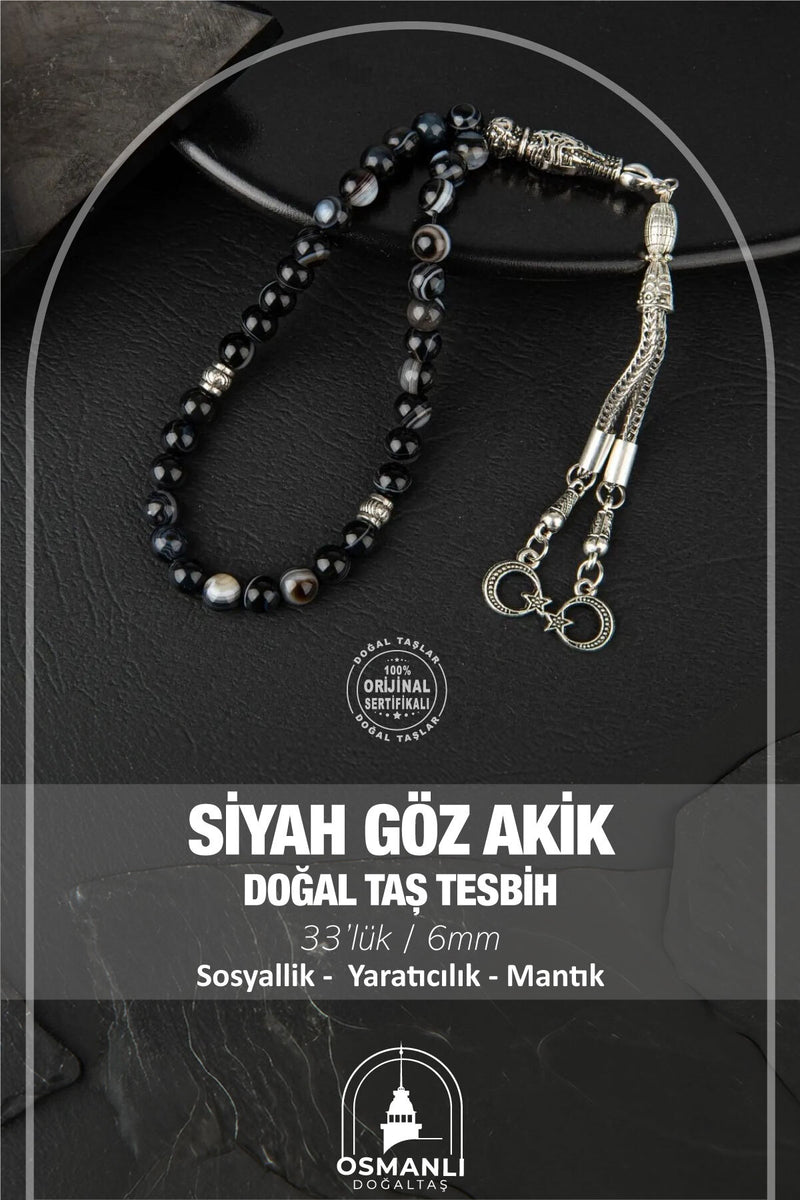 Siyah Göz Akik Doğal Taş Tesbih 33lük - 6mm