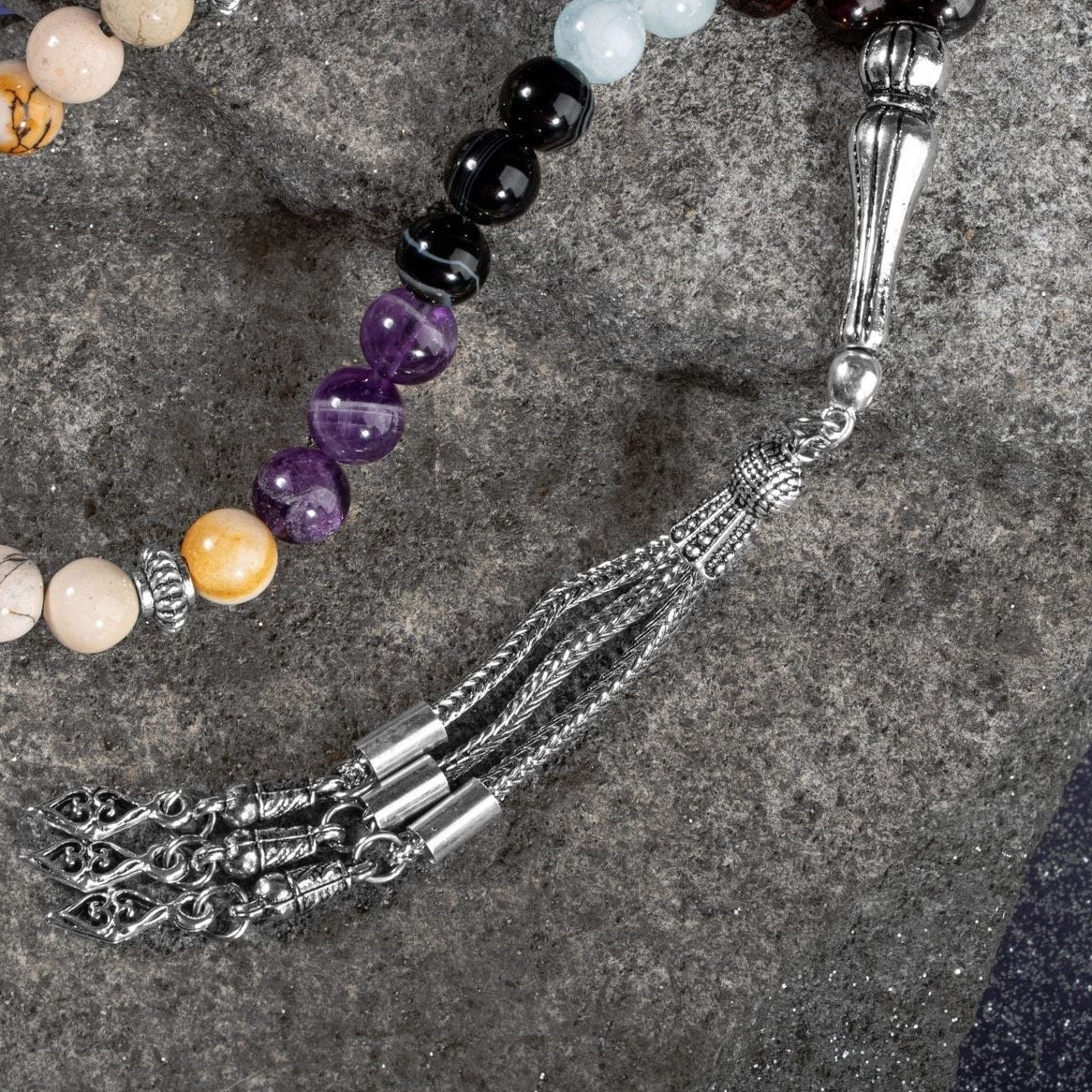 Koç Burcu Tesbih Akuamarin, Ametist, Bordo Granat Lal, Kan Taşı, Sarı Jasper, Siyah Göz Akik