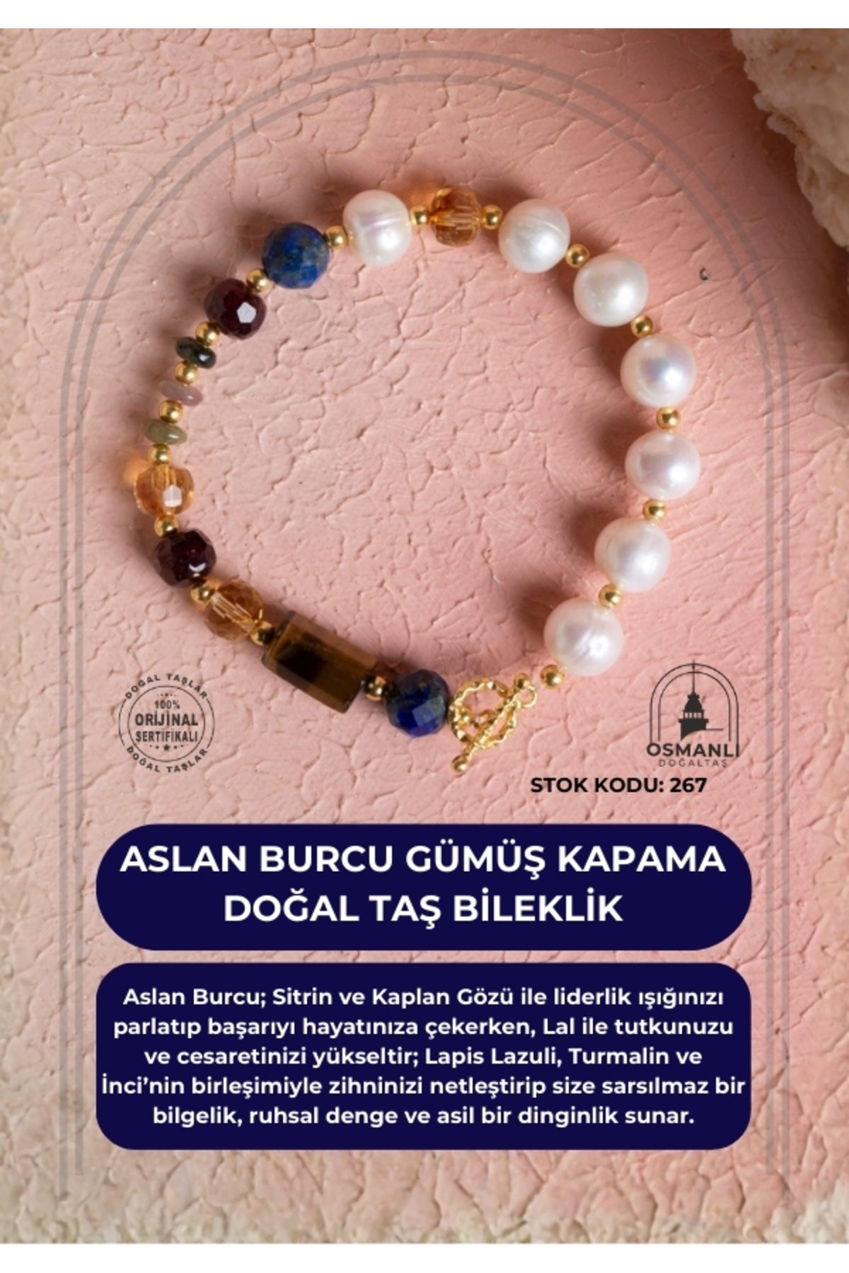Sertifikalı Aslan Burcu Gümüş Kapama Doğal Taş Bileklik (SK:267)