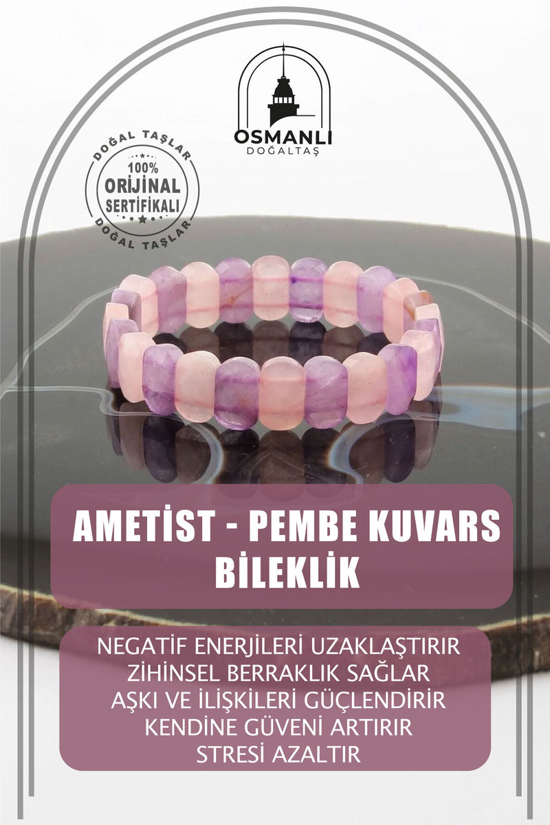 Sertifikalı Ametist Pembe Kuvars Özel Kesim Bileklik B434