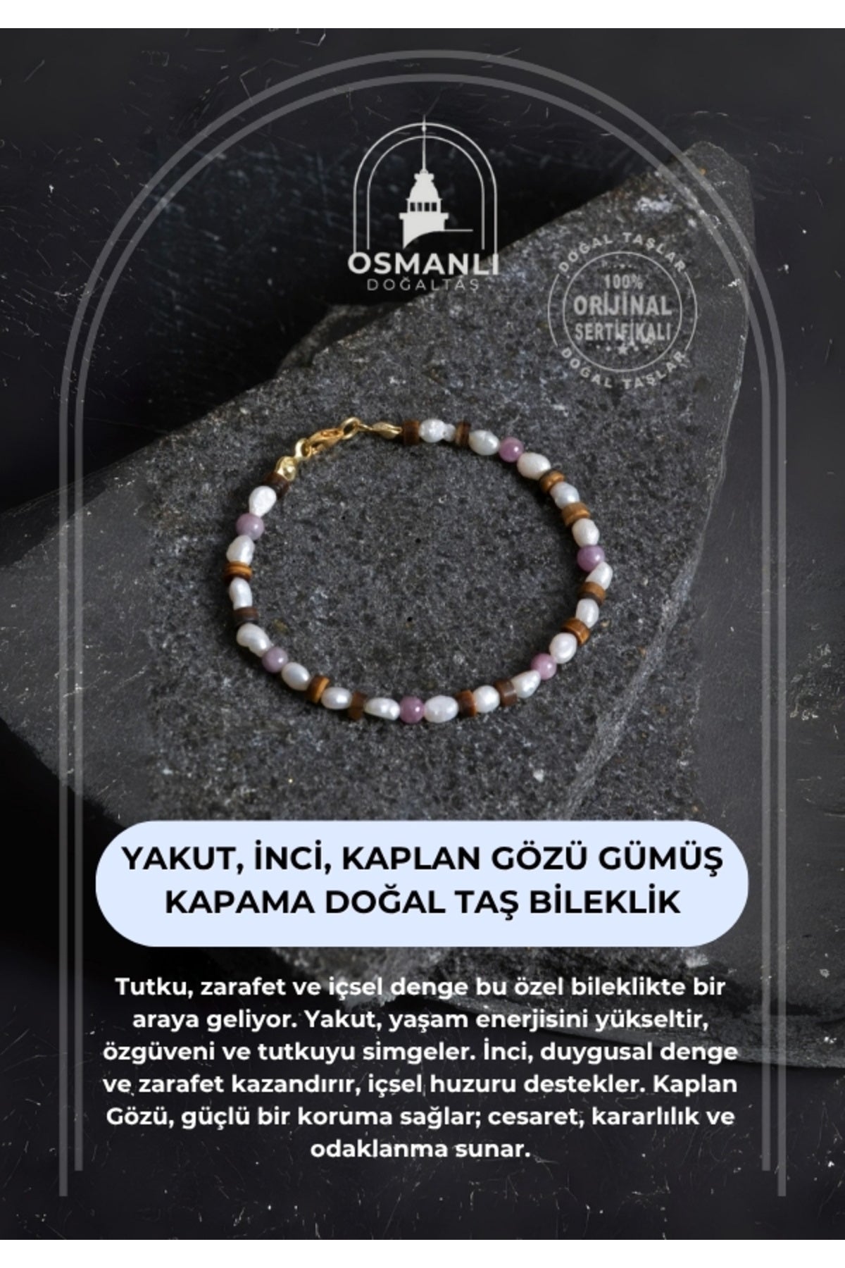 Sertifikalı Yakut, İnci, Kaplan Gözü Gümüş Kapama Doğal Taş Bileklik