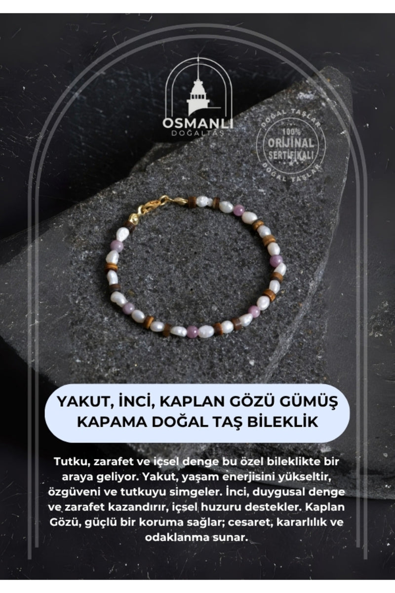 Sertifikalı Yakut, İnci, Kaplan Gözü Gümüş Kapama Doğal Taş Bileklik