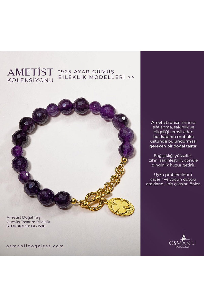 Sertifikalı Ametist Gümüş Aparatlı Doğal Taş Bileklik (SK:342)