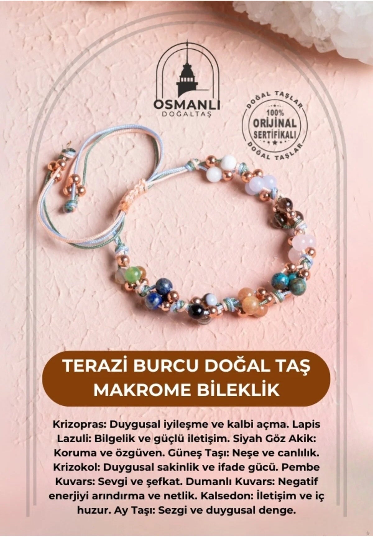 Sertifikalı Terazi Burcu Doğal Taş Makrome Bileklik