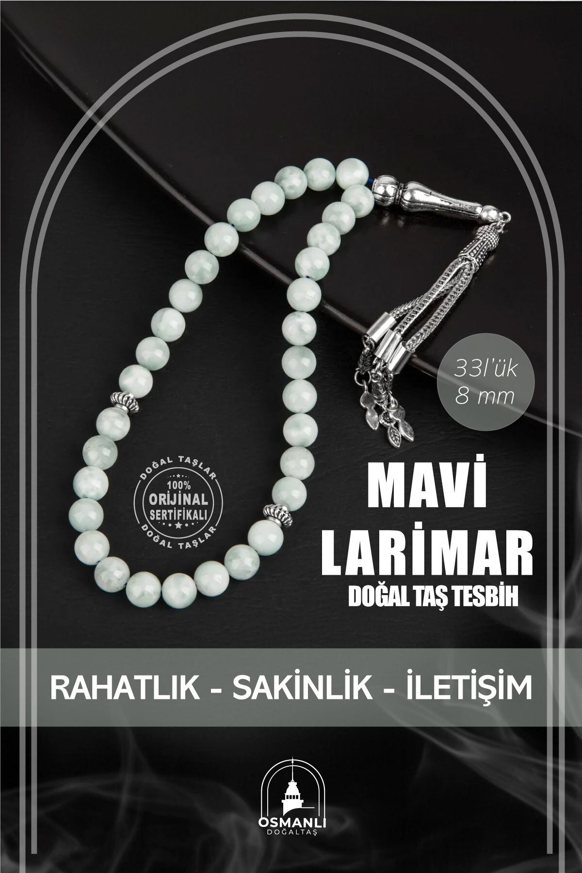 Mavi Larimar Doğal Taş Tesbih 33lük - 8mm
