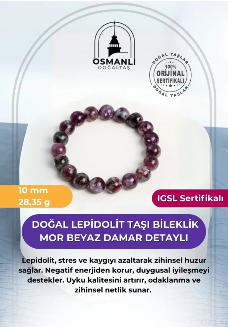 Sertifikalı Orijinal Premium Lepidolit Doğal Taş Bileklik