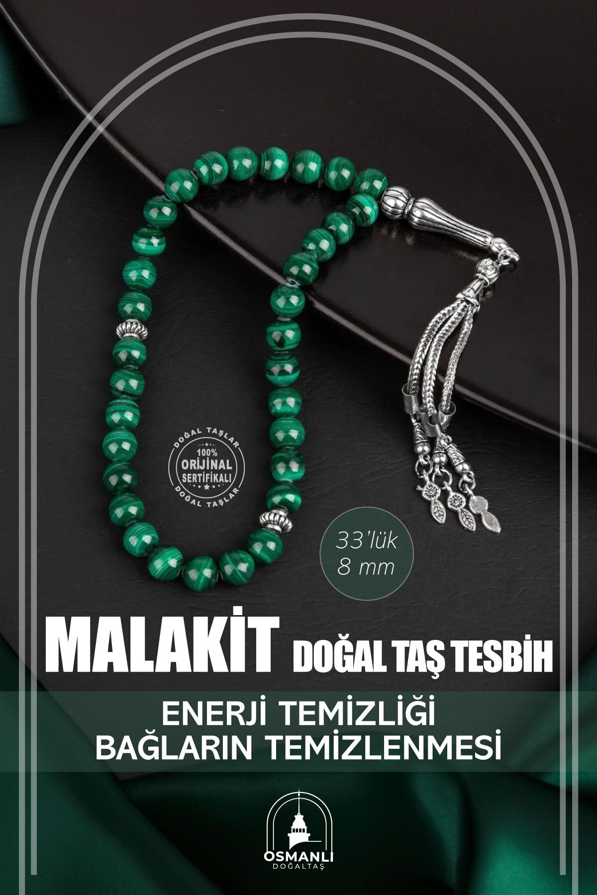 Malakit Doğal Taş Tesbih 33lük - 8mm
