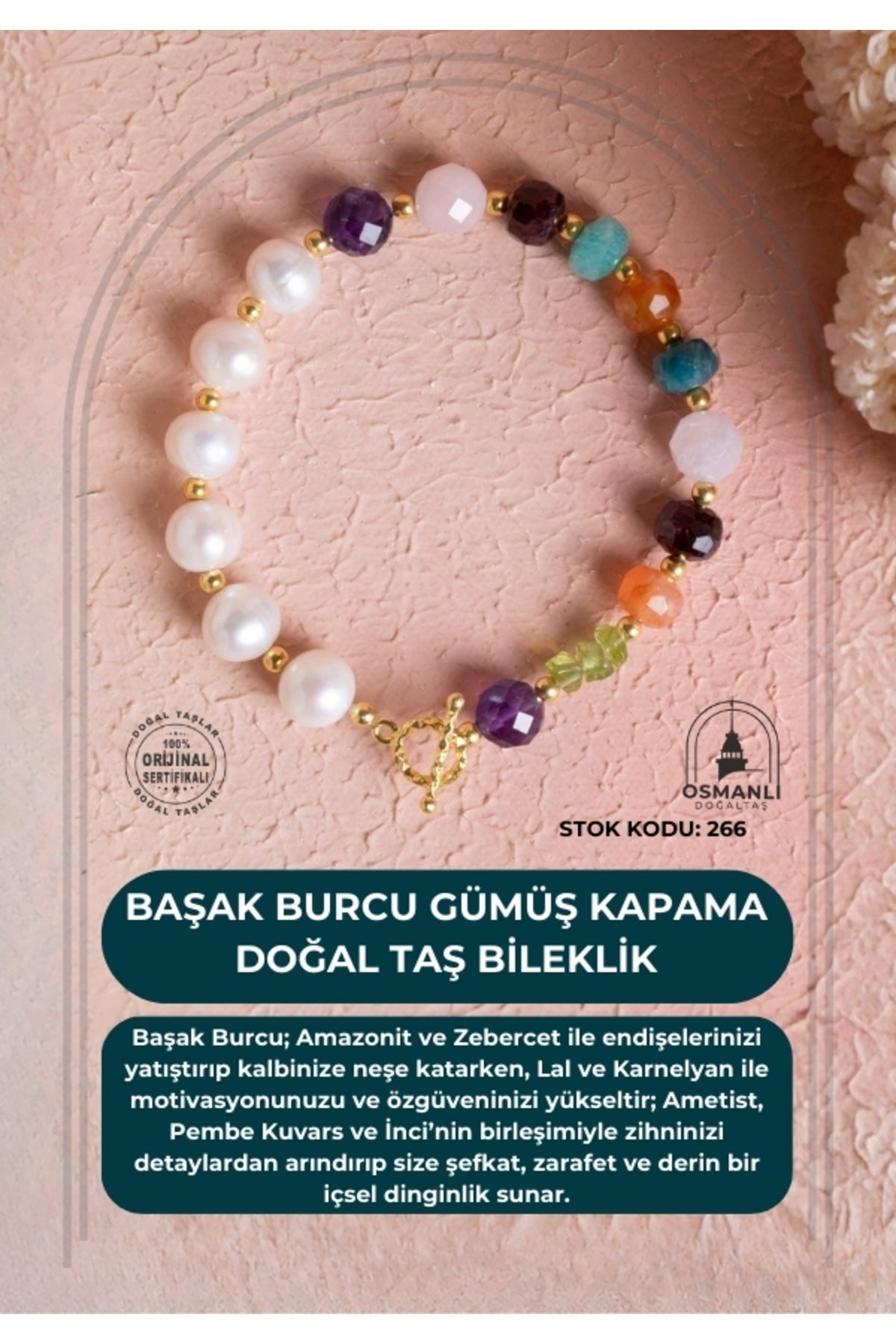 Sertifikalı Başak Burcu Gümüş Kapama Doğal Taş Bileklik (SK:266)