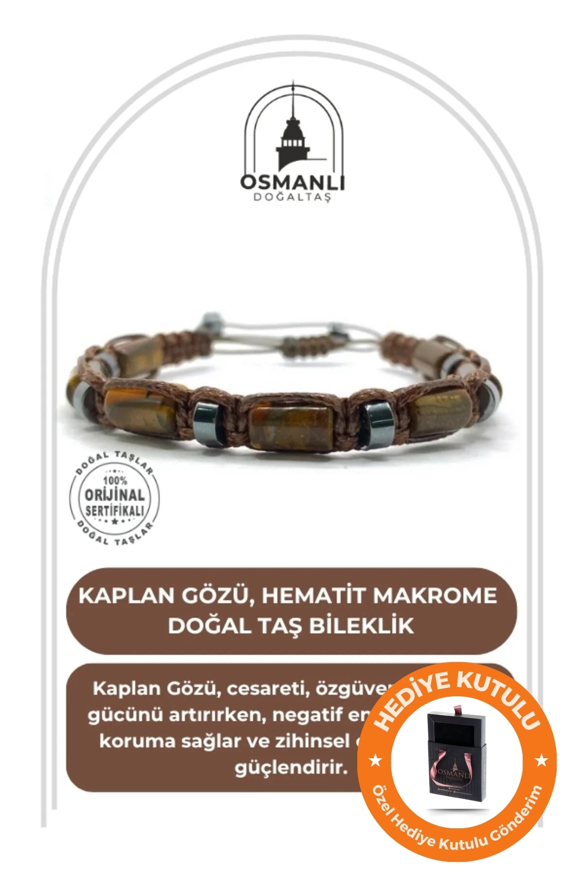 Unisex Sertifikalı Gerçek Doğal Taş Kaplan Gözü - Hematit El Yapımı & Kutulu Makrome İpli Bileklik
