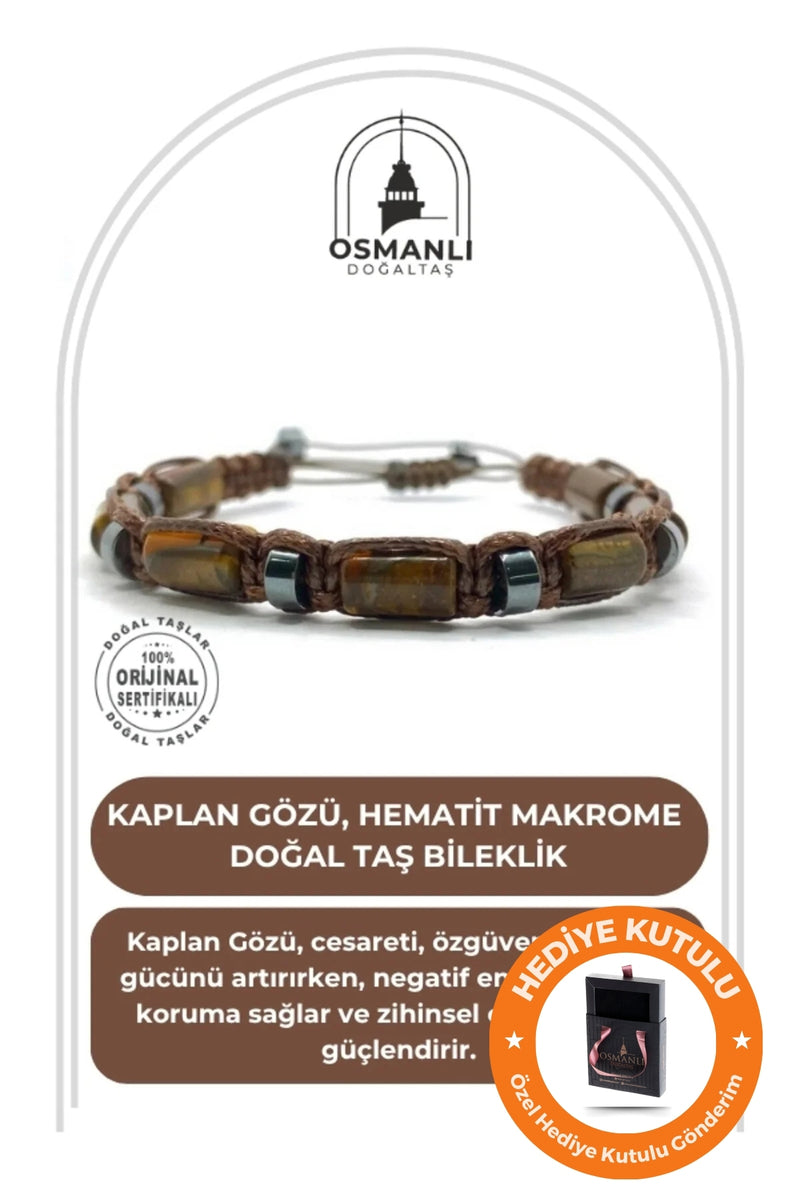 Unisex Sertifikalı Gerçek Doğal Taş Kaplan Gözü - Hematit El Yapımı & Kutulu Makrome İpli Bileklik