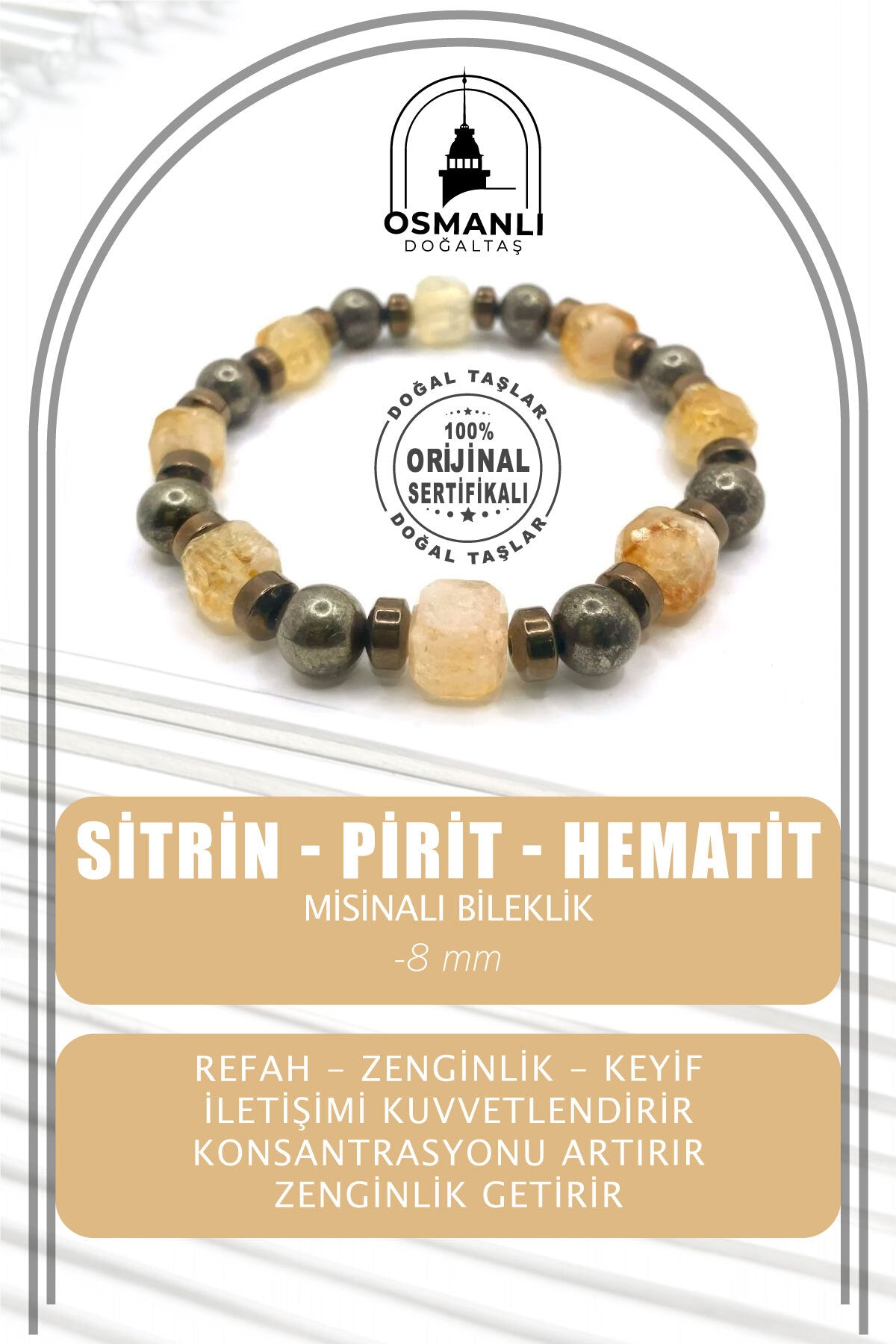 Sertifikalı Hakiki Orijinal 8mm Pirit - Sitrin - Hematit Doğal Taş Misinalı Bileklik