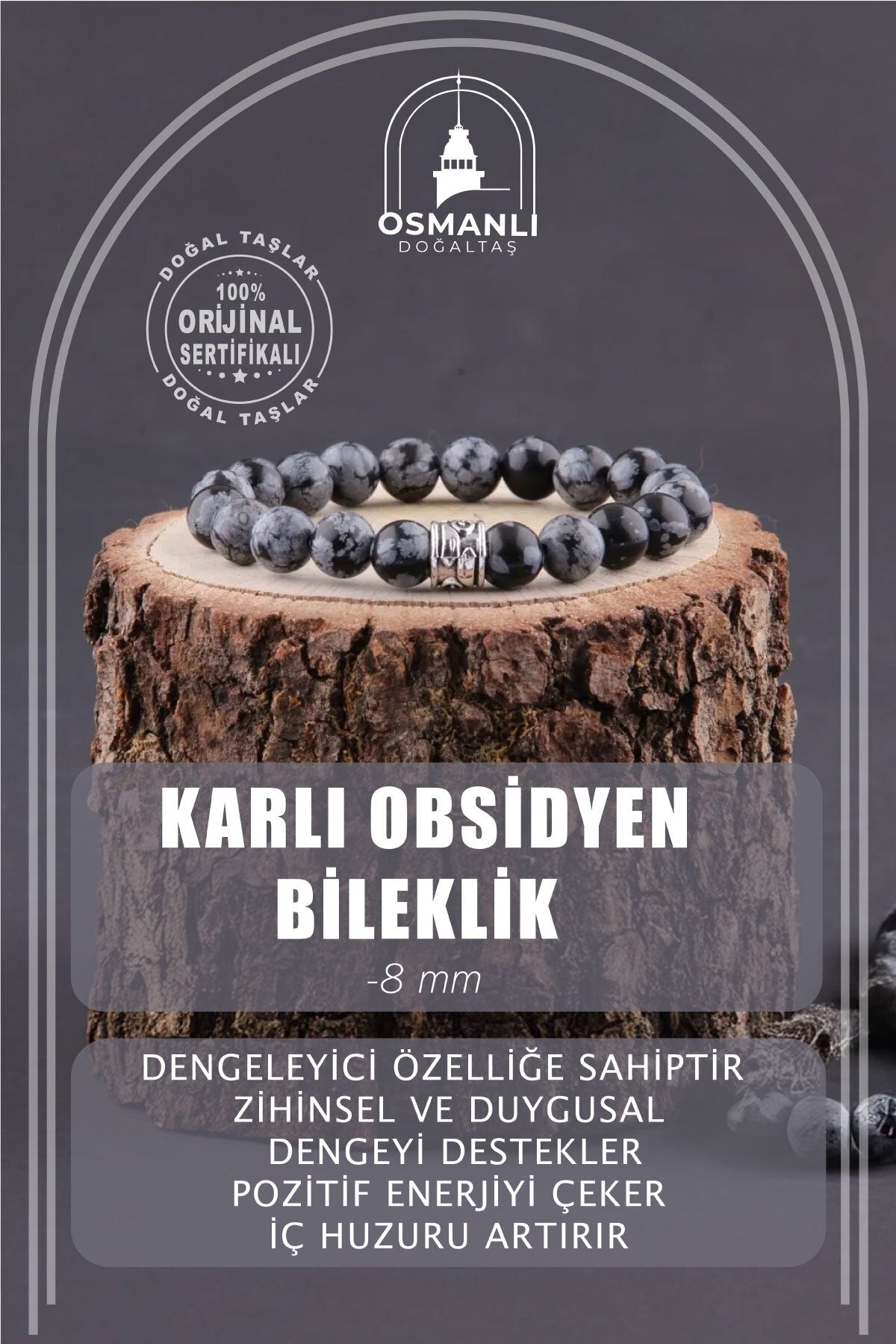 Orijinal & Sertifikalı Unisex Denge Huzur Pozitif Enerji Karlı Obsidyen Doğal Taş Bileklik 8 mm