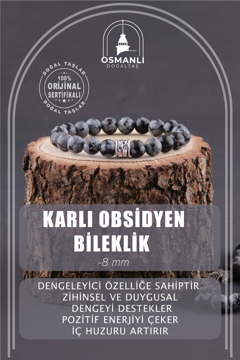 Orijinal & Sertifikalı Unisex Denge Huzur Pozitif Enerji Karlı Obsidyen Doğal Taş Bileklik 8 mm
