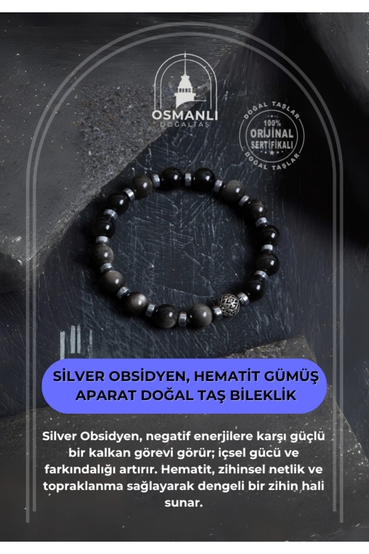 Sertifikalı Silver Obsidyen, Hematit Gümüş Aparat Doğal Taş Bileklik