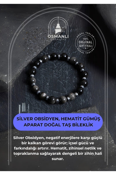Sertifikalı Silver Obsidyen, Hematit Gümüş Aparat Doğal Taş Bileklik