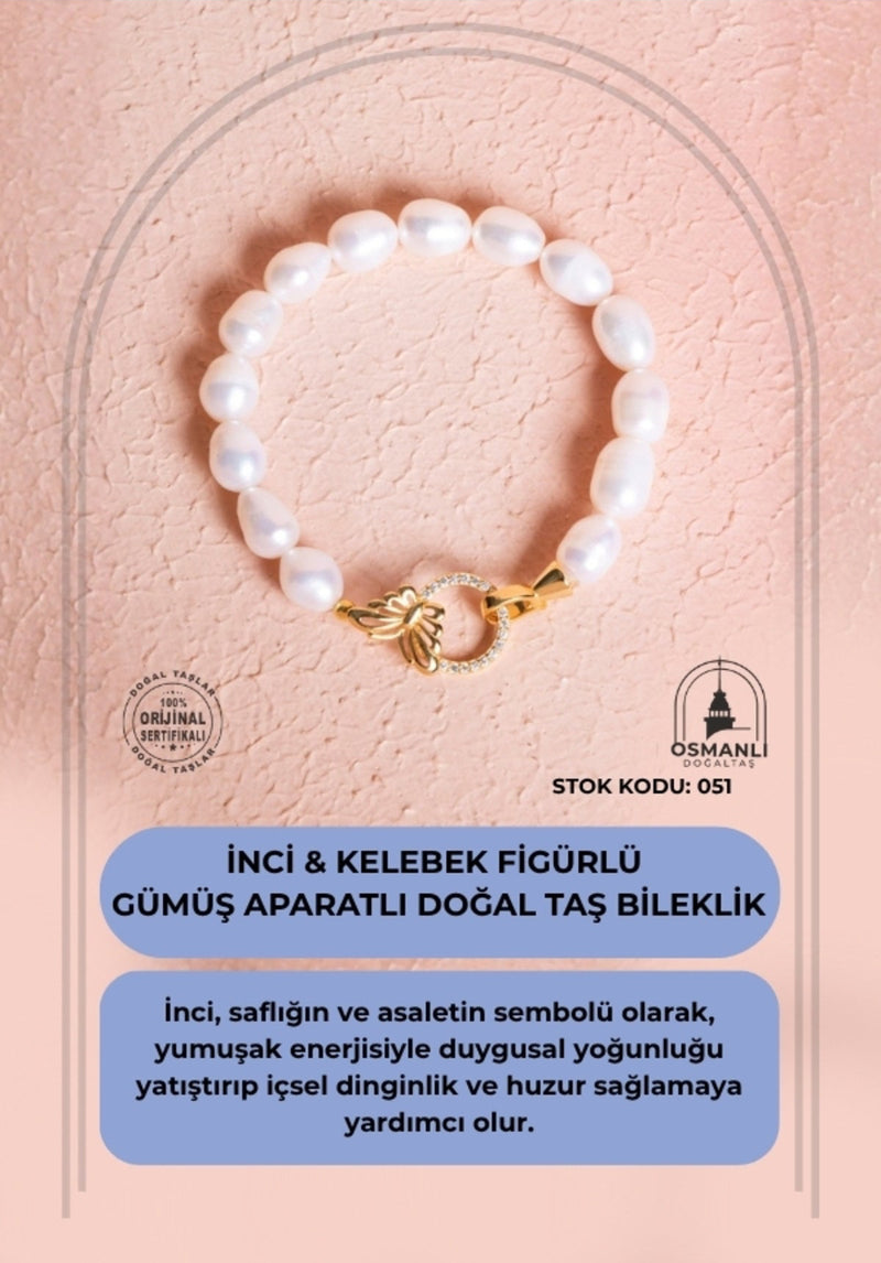 Sertifikalı İnci & Kelebek Figürlü Gümüş Aparatlı Doğal Taş Bileklik (SK:051)