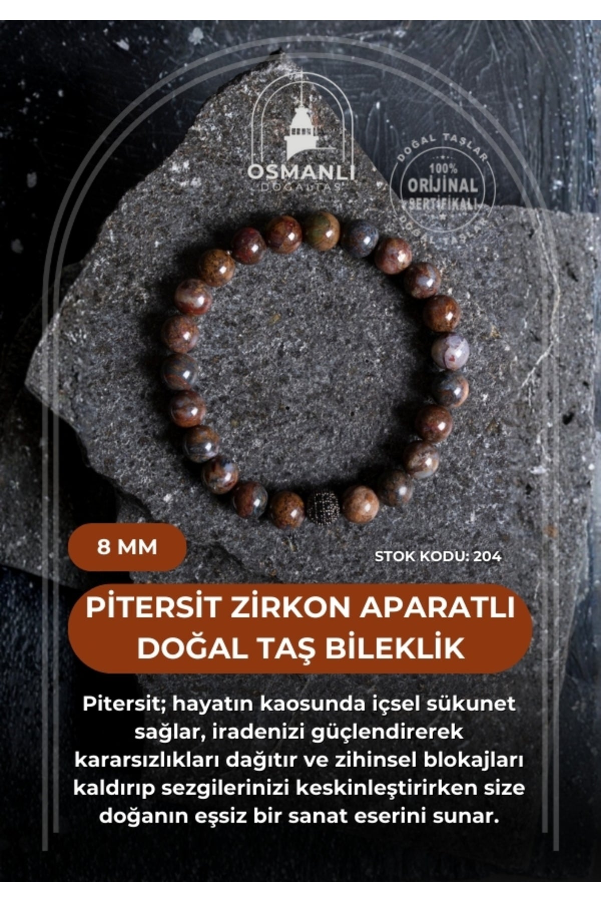 Sertifikalı Pitersit Zirkon Aparatlı Doğal Taş Bileklik-8 mm (SK:204)