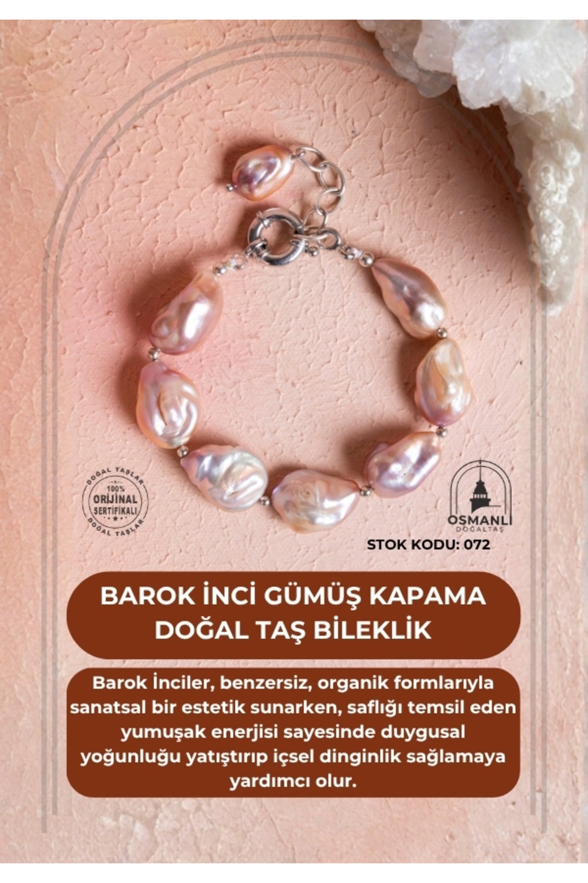 Sertifikalı Barok İnci Gümüş Kapama Doğal Taş Bileklik (SK:072)