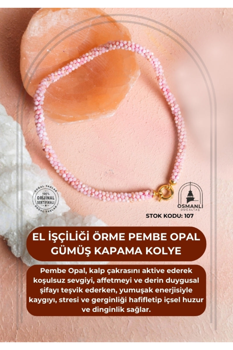 Sertifikalı El İşçiliği Örme Pembe Opal Gümüş Kapama Kolye (SK:107)
