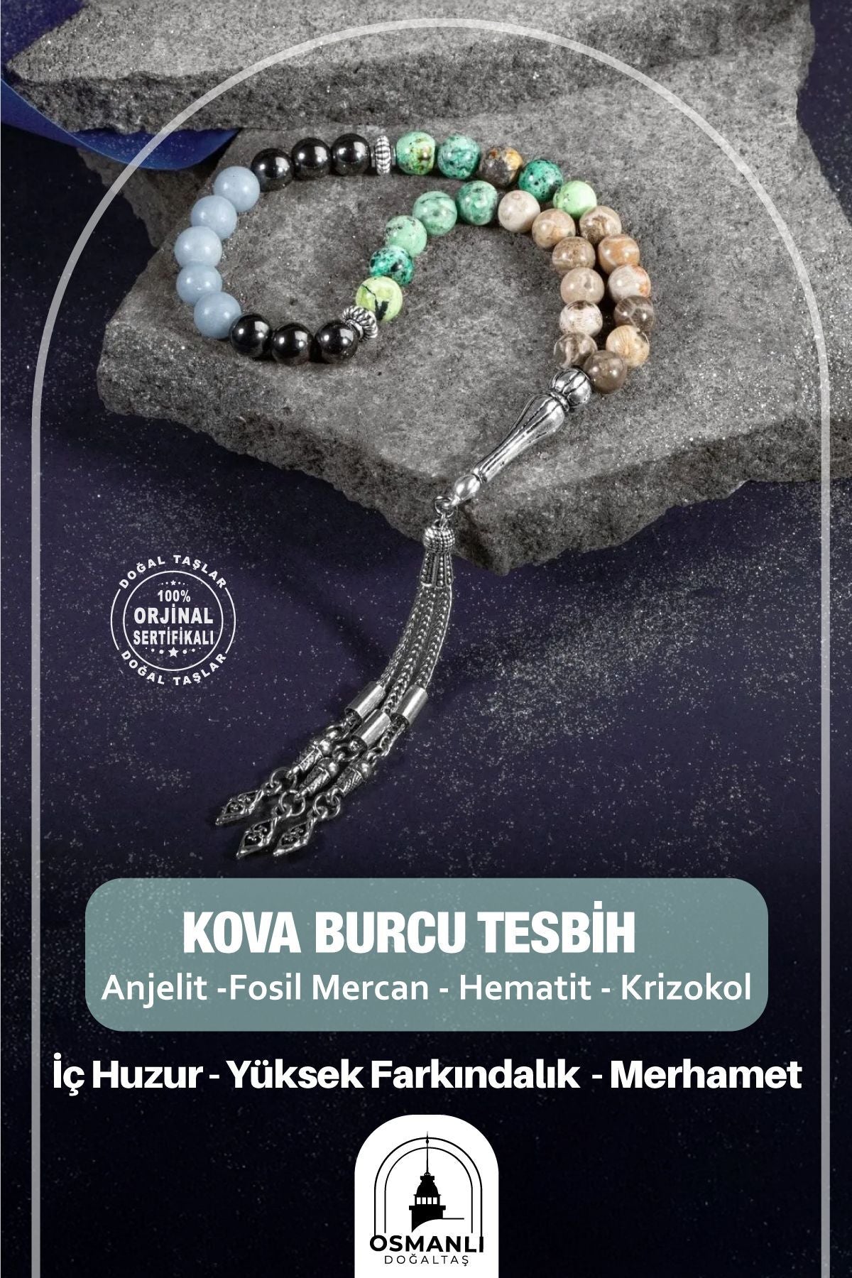 Kova Burcu Tesbih Anjelit, Fosil Mercan, Hematit, Krizokol
