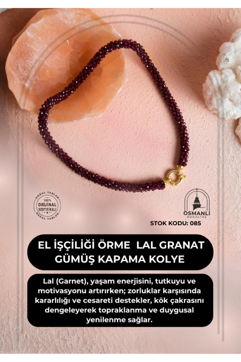 Sertifikalı El İşçiliği Örme Lal (Granat) Gümüş Kapama Kolye (SK:085)