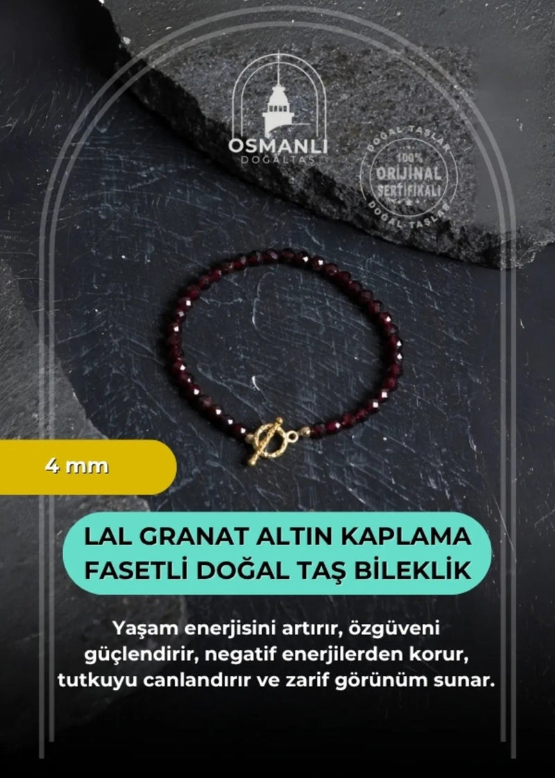 Sertifikalı Lal Granat Altın Kaplama Fasetli  Doğal Taş Bileklik