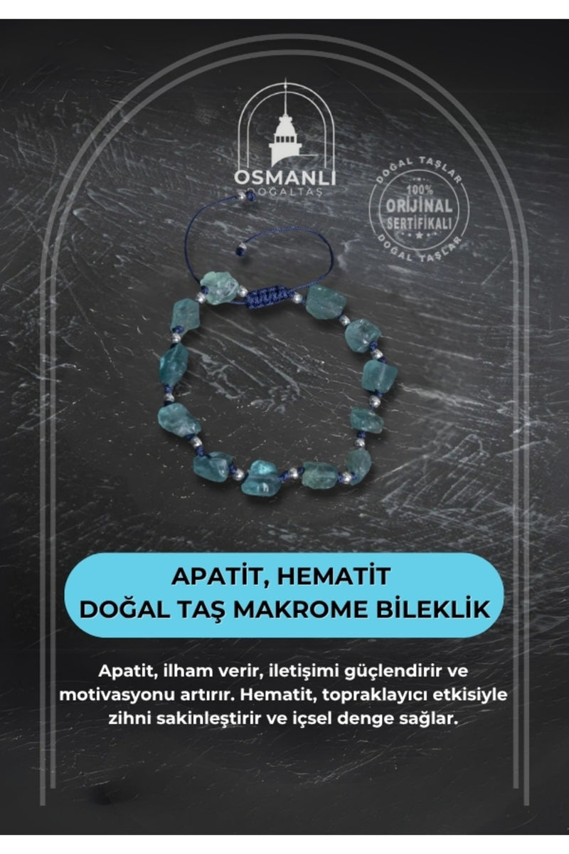 Sertifikalı Apatit ve Hematit Doğal Taş Makrome Bileklik