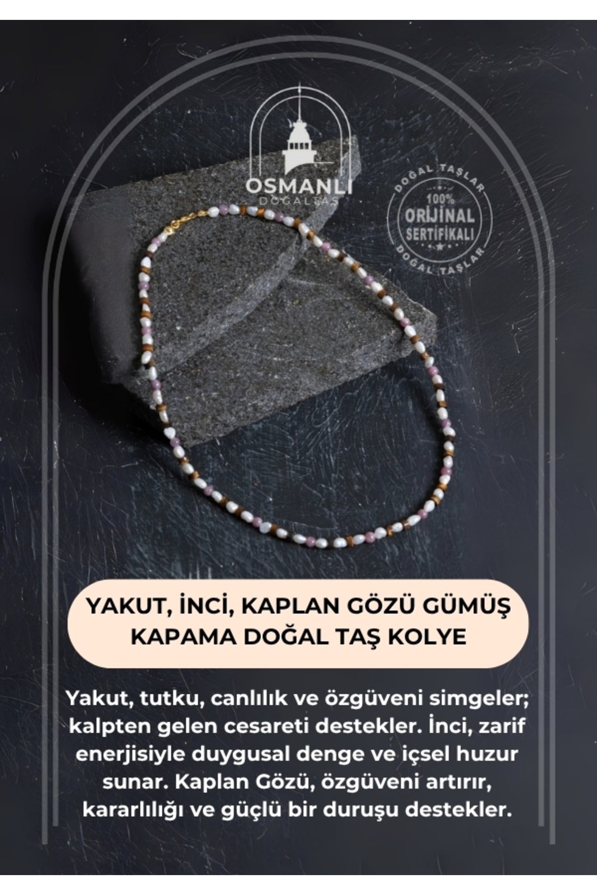 Sertifikalı Yakut, İnci, Kaplan Gözü Gümüş Kapama Doğal Taş Kolye