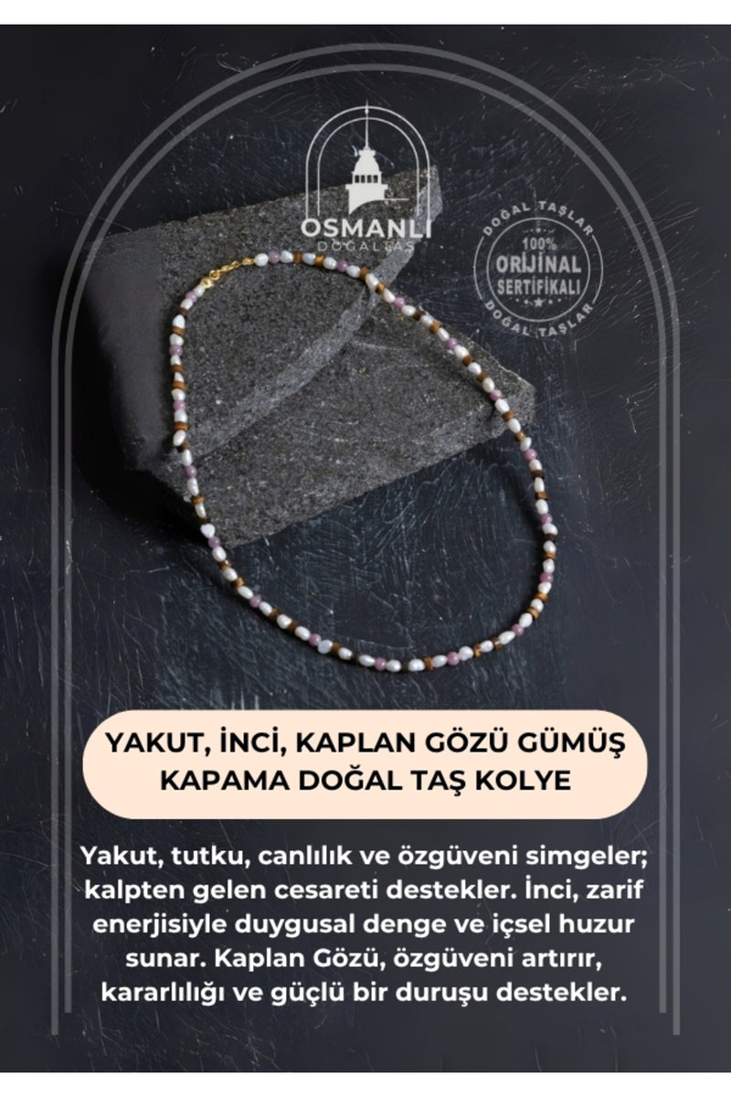 Sertifikalı Yakut, İnci, Kaplan Gözü Gümüş Kapama Doğal Taş Kolye