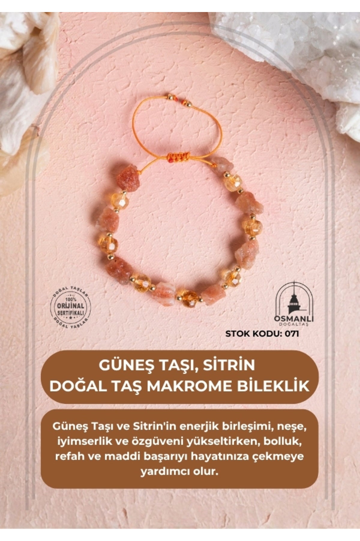 Sertifikalı Güneş Taşı, Sitrin Doğal Taş Makrome Bileklik (SK:071)