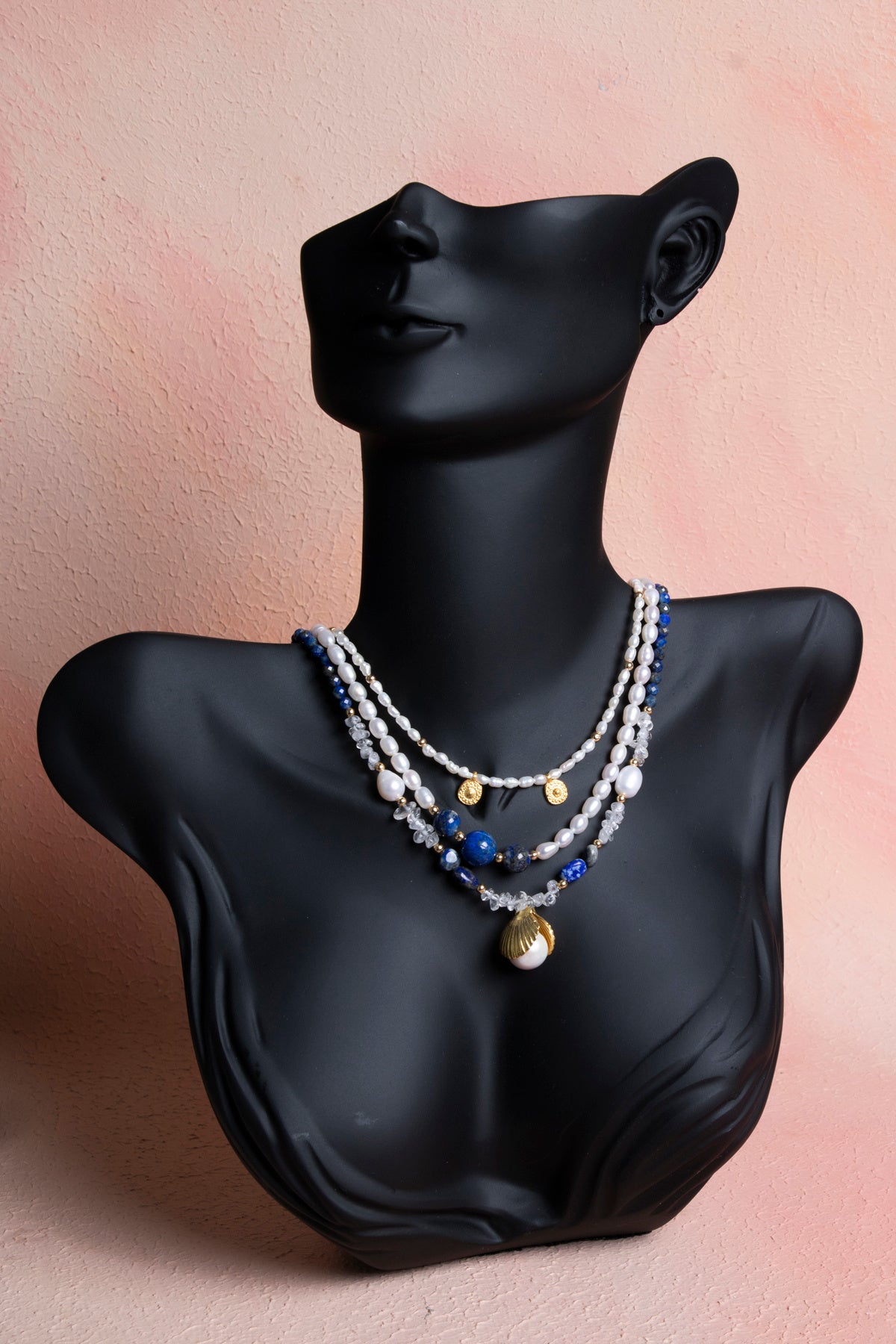 Sertifikalı İnci, Lapis Lazuli, Hematit Gümüş Aparatlı Doğal Taş Kolye (SK:018)