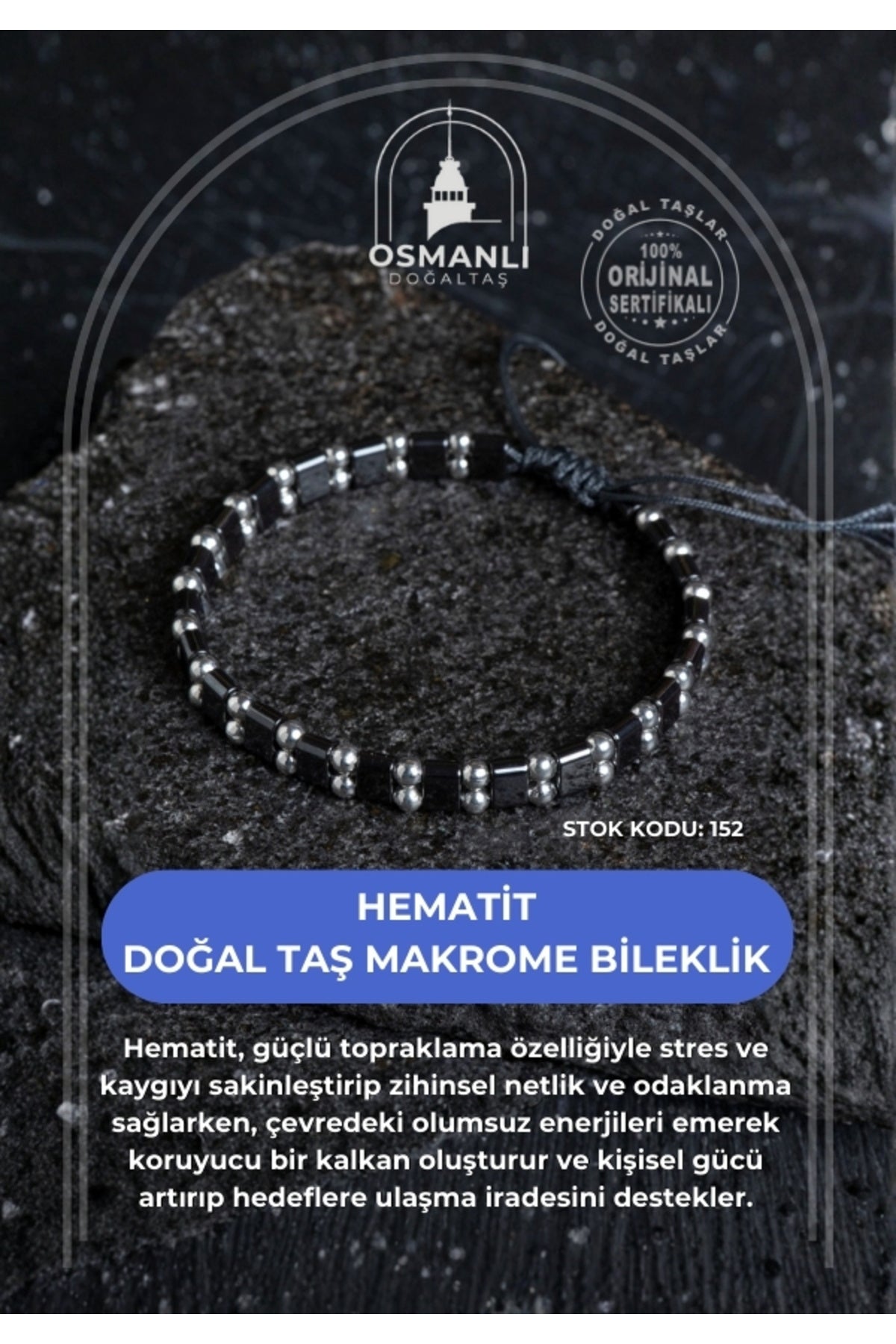 Sertifikalı Hematit Doğal Taş Makrome Bileklik (SK:152)