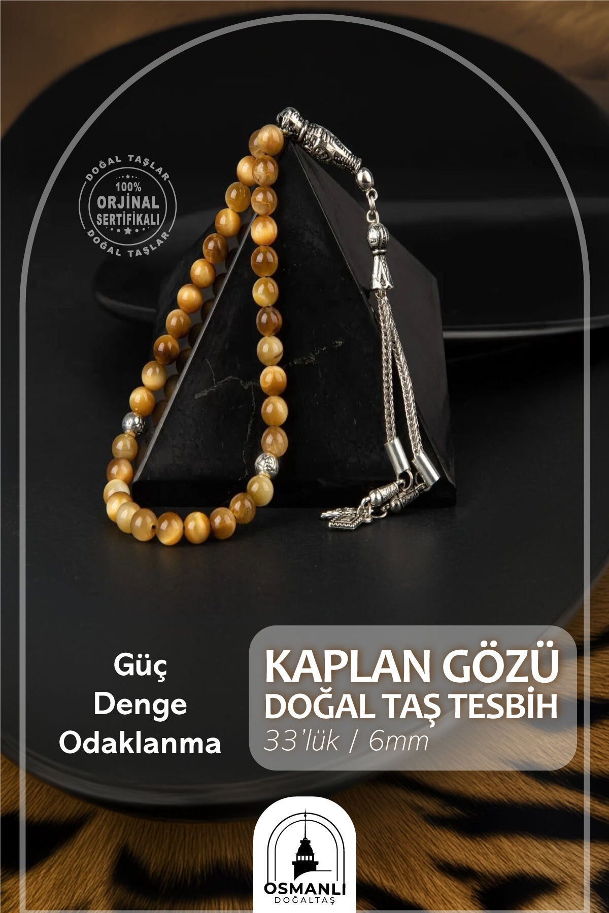 Kaplan Gözü Doğal Taş Tesbih 33lük - 6mm