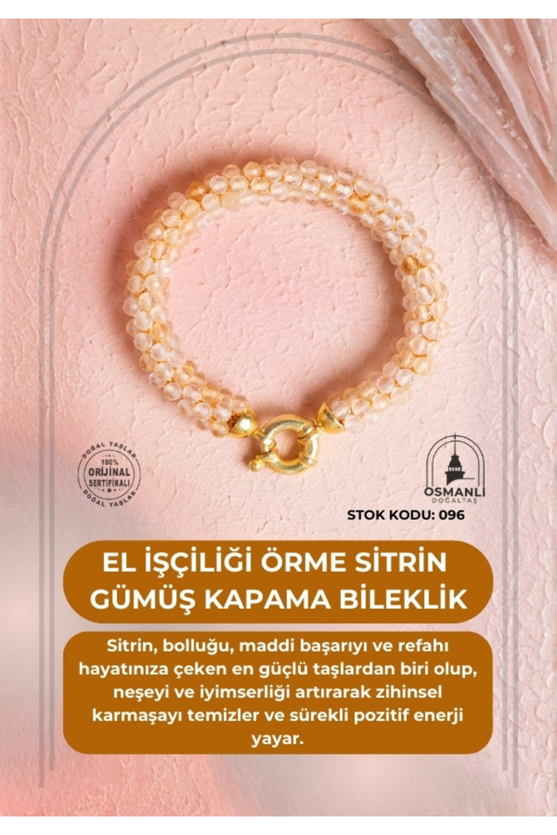Sertifikalı El İşçiliği Örme Sitrin Gümüş Kapama Bileklik (SK:096)
