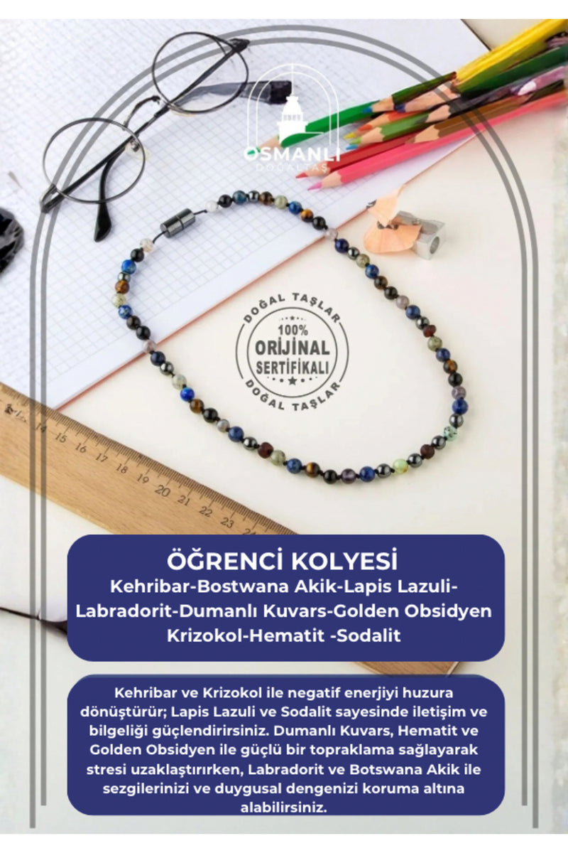 Orijinal & Sertifikalı Öğrenci Kolyesi - Hafıza Konsantrasyon Nazar Başarı Özgüven Doğal Taş Kolye