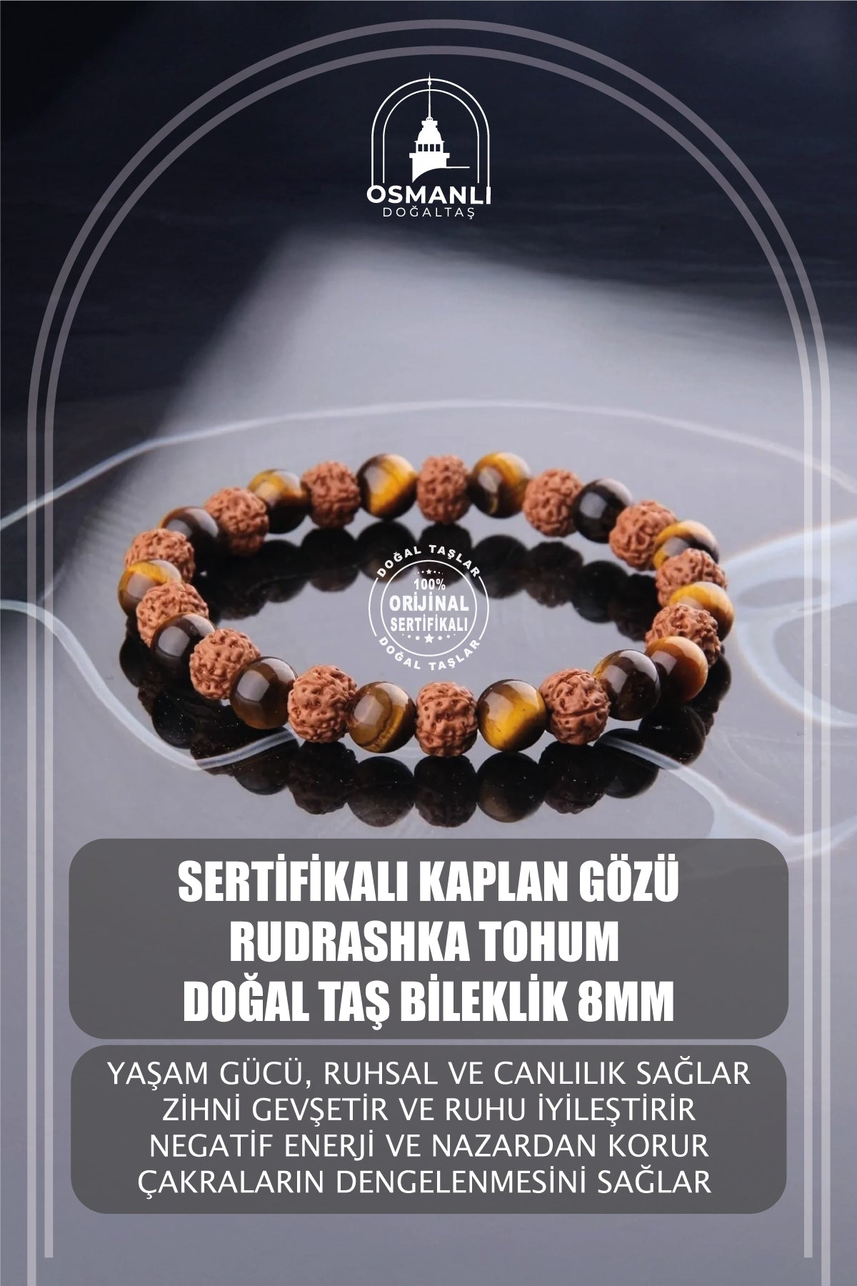 Sertifikalı Kaplan Gözu - Rudrashka Tohum Doğal Taş Bileklik 8mm B793