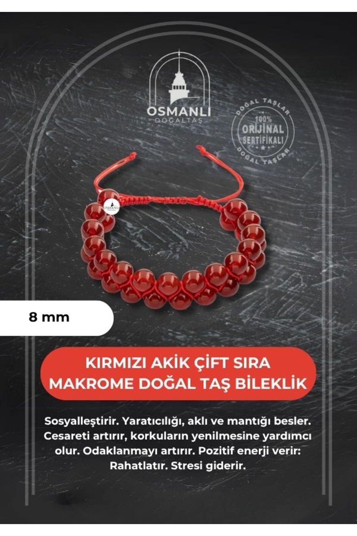 Kırmızı Akik 8mm Çift Sıra Makrome Doğal Taş Bileklik