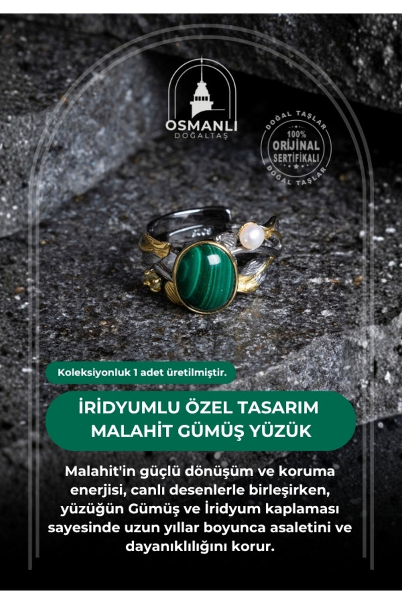 Sertifikalı İridyumlu Özel Tasarım Malahit & İnci Gümüş Yüzük (Kadın)