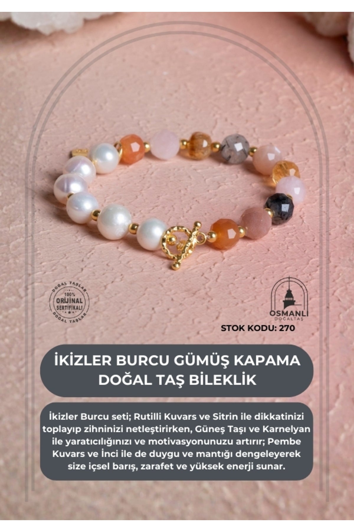 Sertifikalı İkizler Burcu Gümüş Kapama Doğal Taş Bileklik (SK:270)