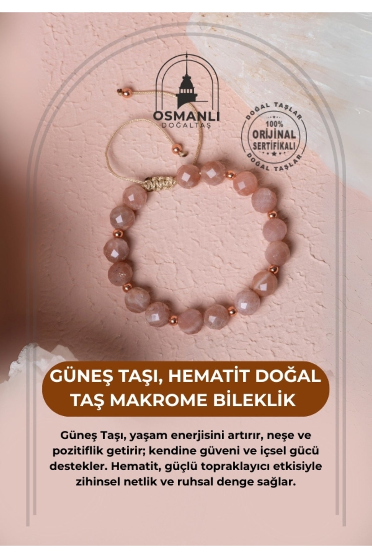 Sertifikalı Güneş Taşı, Hematit Doğal Taş Makrome Bileklik 